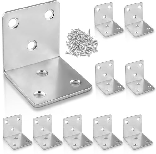 Xyxu Angle Brackets, 10 Pack 50x50x50x2mm Metal Corner L Brackets for Wood | Heavy Duty 90 Degree Right Angle Brackets for Wood, Galvanised Steel L Shaped Brackets for DIY, Home Repair With 60 Screws