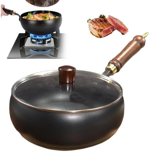 Matame Eisenpfanne Eisentopf,Antihaftbeschichtung Bratpfanne, Pfanne Gusseisen Eisenpfanne, Handgeschmiedet, Big Belly Bratpfanne, Großer Bauchtopf zum Anbraten und Sautieren (Glas-Deckel, 28cm)