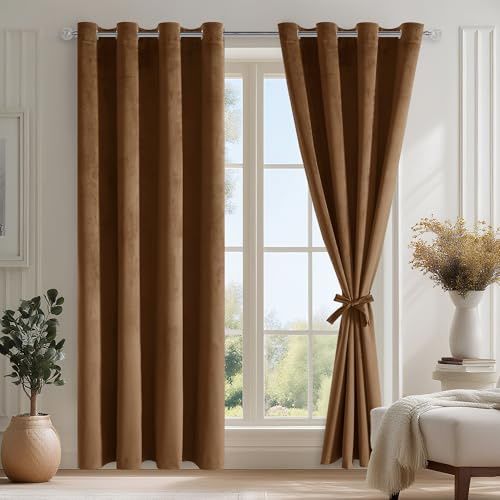 DWCN Kamel Braun Thermogardine Samt Gardinen mit Ösen 2er Set H225 x B132cm | Gardinen mit Vorhang-Krawatten, Weich Kälteschutz Vorhänge Blickdicht Samtvorhang für Wohnzimmer Schlafzimmer Winter