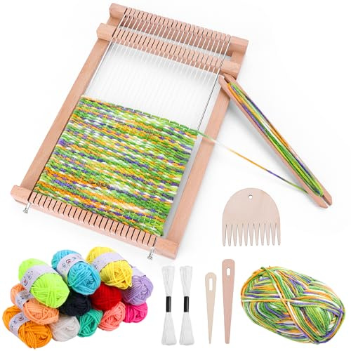 Homgaty Wooden Weaving Loom Kit 24x28cm, Complete Craft Set with 23 Weaving Tools, Loom Frame, Comb, Beams, Shuttles, Hooks & 15 Thread Balls, Beginner Weaving Loom Kit for Crochet Enthusiasts