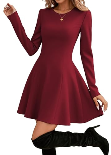 Hotouch Damen Kleid Rundhals Langarm Partykleid High Waist Aline Minikleid Casual Langarmkleid Kurzes Kleid