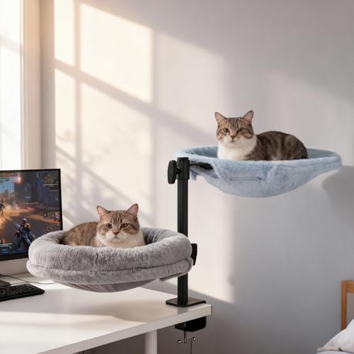 Odoland Doppel Katzenbett für Schreibtisch, 360° drehbare, Verstellbare Katzen Schreibtisch Bett für Home-Office, Katzen Liegeplatz Schreibtisch mit 2 Abnehmbar Bezügen für alle Jahreszeiten