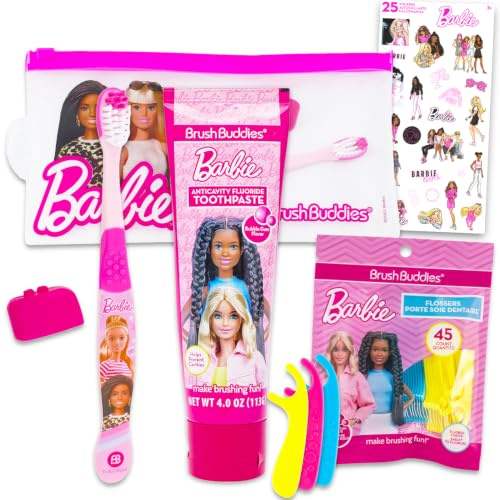 Barbie Kit de voyage pour soins bucco-dentaires pour enfants – Ensemble avec brosse à dents avec couvercle, dentifrice, paquet de fil dentaire, sac de voyage et plus pour filles, tout-petits |