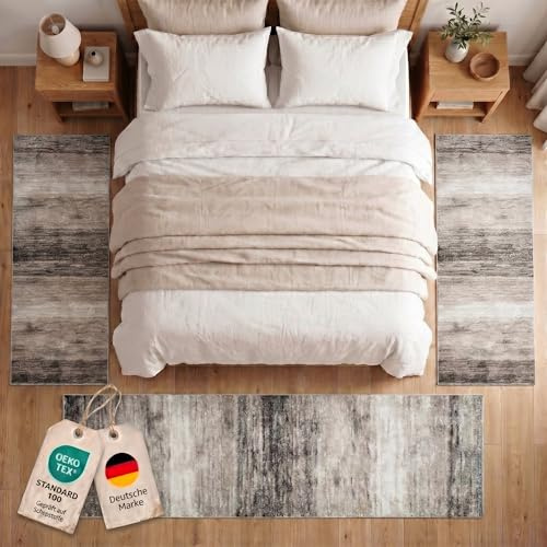 oKu-Tex Bettumrandung Set 3-teilig [67x340 cm | 2 mal 67x140 cm] Beiger Bettvorleger, meliert - weicher Kurzflor pflegeleicht - Bettvorleger Schlafzimmer - Modernes meliertes Design - Deutsche Marke