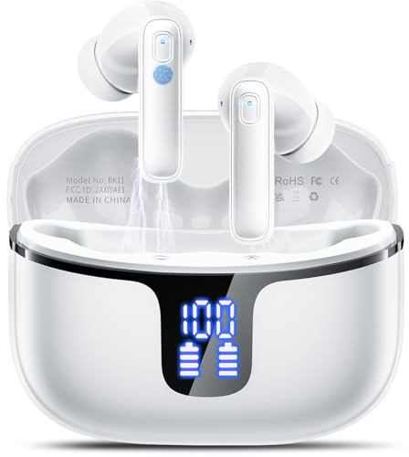 Bluetooth Kopfhörer, Kopfhörer Kabellos Bluetooth 5.3 mit 4 ENC Noise Cancelling Mic, Kabellose Kopfhörer HiFi Stereo Tiefbass Wireless Earbuds 40Std, IP7 Wasserdicht Ohrhörer Sport LED Anzeige Weiß