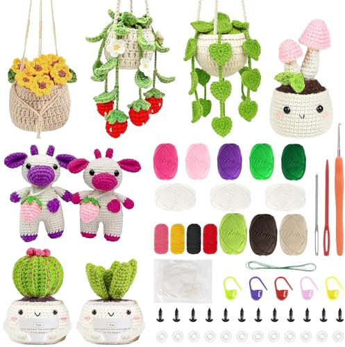 Crochet Kit for Beginners with Step-by-Step Video Tutorials, 8Pcs Crochet Starter Kits for Adults Potted Hanging Plants Craft Kit with Yarn Sets for Home/Car Decoration