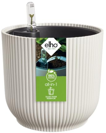 Elho All-in-1 Vibes Round 18 + Swi 17 - Macetero por Interior - 100% Plástico Reciclado - Ø 18 cm - Blanco/Linen White