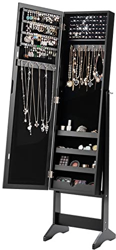 FANTASK Schmuckschrank drehbar, Schmuckregal neigungsverstellbar mit Ganzkörperspiegel, Spiegelschrank mit 64 Ohrringschlitzen, 20 Halskettenhaken, 72 Ringschlitzen, 4 Ablagen (Schwarz)