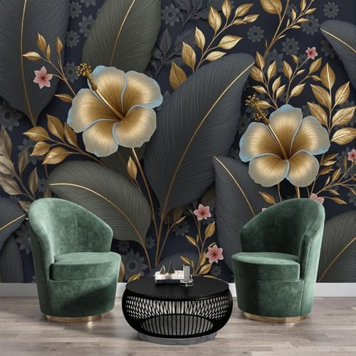 NAWVNMI Papier Peint Soie Panoramique Feuilles De Bananier, 250 x 175cm, 3D Poster Geant Mural Personnalisé, Fleurs Naturelles D'Hibiscus, pour Salon Chambre restaurant Décoration Murale