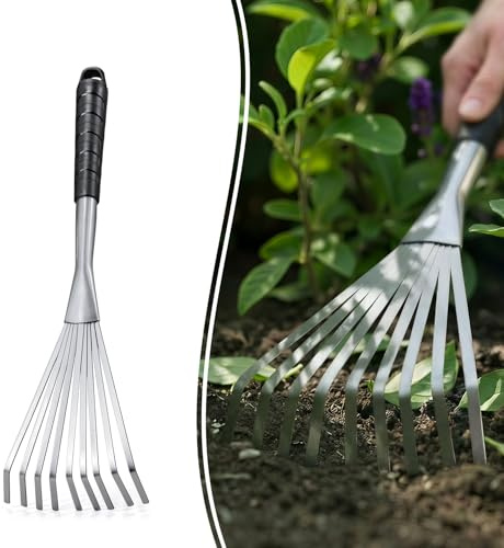 Colwelt Hand Rake 42cm, Small Rake For Gardening with 9 Resilient Flat Tines, Metal Mini Rake with Hanging Hole for Storage, Hand Fan Rake for Leaves, Loosening Soil, Spreading Mulch, Flower Beds