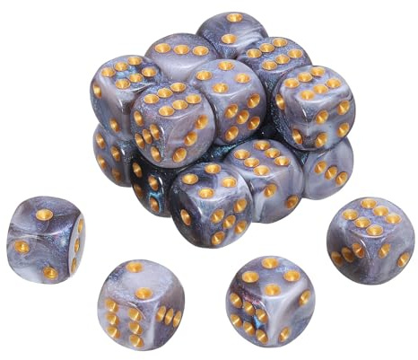QUARKZMAN 20 st 6 sidor standard tärningar, 2 färger 16 mm akryl D6 mini polyhedron pärla mönster tärningsset för bordsspel, grå och vit/guldprick