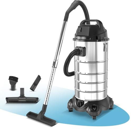 STAHLWERK Aspirador Agua y Polvo VCL-1500 St - Aspirador Industrial 1500 W con cubeta de acero inoxidable de 40 l, función de soplado, parada de seguridad y amplia gama de accesorios