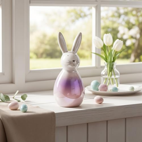 levandeo Statuetta decorativa a forma di coniglio in porcellana, altezza 16 cm, rosa, viola, lucida, decorazione da tavolo, decorazione pasquale, coniglietto decorativo in madreperla