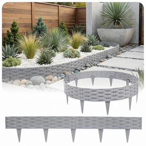 Bordure de Jardin Imitation Rotin 10 m, Lot de 10 Panneaux, Clôture Extérieure Flexible et Durable, Facile à Installer pour Jardin, Gazon, Gris