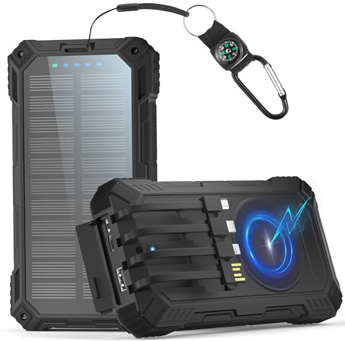 Solar Powerbank 56800mAh, 15W Wireless Charger, PD 30W USB-C Schnellladen | Solarladegeräte mit 4 Kabeln, 3 Port (2 USB & 1 Type-c), LED Leuchtanzeigen, Taschenlampe, Externe Handy-Akkus für Smartphone