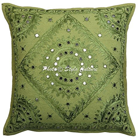Stylo Culture Décoratif Indienne Housse De Coussin Chambre 40x40 cm Coton Perroquet Vert Brodé en Miroir Carré Fermeture Enveloppe 16x16 inch Bohème Ethnique Taies d'oreiller Canapé - 1 Pièce