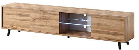 Selsey Meuble TV Debout sur Pieds Trois Niches Fermées Une Niche Ouverte Élément en Verre Lumières LED Blanches 175 cm Chêne Wotan Galhad