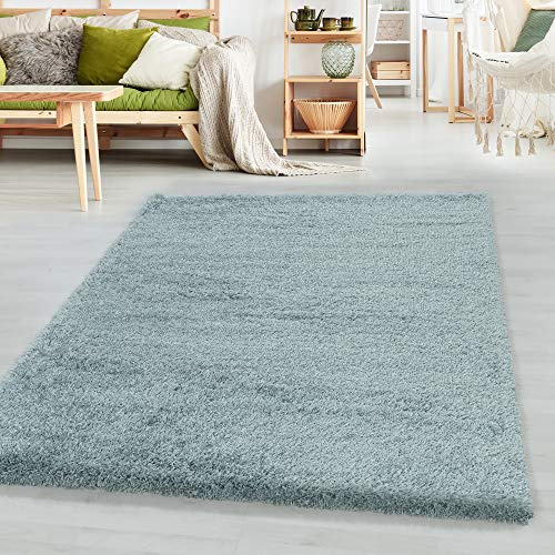 SIMPEX Shaggy Hochflor Teppich Blau 140x200 cm Extra Weich & Waschbar Jute Rückseite für Fußbodenheizung, Einfarbig & Flauschig für Wohnzimmer & Schlafzimmer