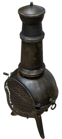 Monster Shop Cast Iron Chiminea Premium Bronze Effect Large Capacity Outdoor Patio Heater Log Fire Pit Burner with Free Frost Proof Rain Cover Free Poker and Free BBQ and Toasting Rack