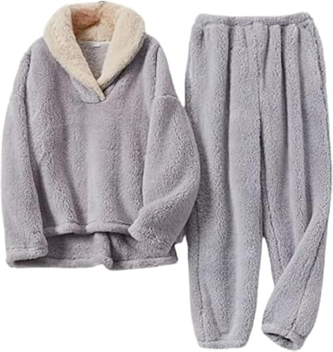 eBoutik - Valentines Romantic Teddy Sherpa Twosie Pyjama Set - Women's Supersoft Fluffy Loungewear, Easter, Mother's Day Sleepwear with Fleece Bottoms - 12 Grey Large