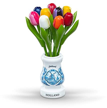 MomoMoments Bouquet di tulipani e vaso in legno, altezza 23 cm, per la persona amata, 9 tulipani in legno dipinti a mano, con vaso, bouquet, decorazione, fiori di legno, prodotto in Olanda