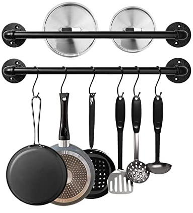 Bailoo Industrial Pipe Pot Pan Rack 21 (2 Pack), Wall mount Pot hangers Pan Hanging Rail Lid Hanger for kitchen with 10 S Hooks