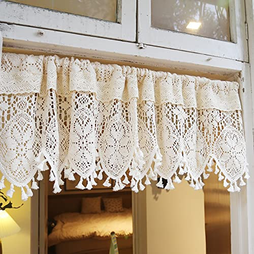 izielad Landhausstil Kurzgardine Hohle Stickerei Beige Vorhänge Vintage Spitze Häkelgardine Scheibengardine Bistrogardine Retro Elegant Cáfe Kurzvorhang BxH 125x40cm