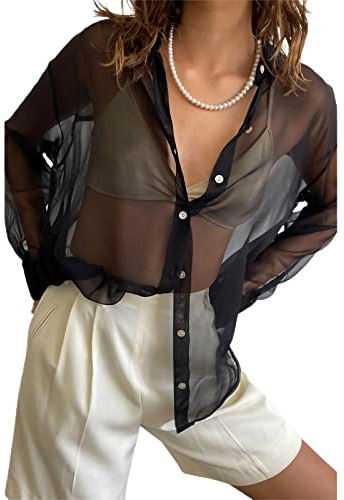 Women’s Sheer Button Up Shirt Y2K Long Sleeve Lapel V Neck Mesh Top Vintage See Through Basic Blouse Streetwear(A-Black, S)