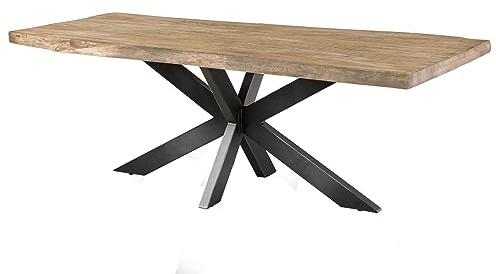 MASSIVMOEBEL24.DE|Freeform 5 - massiver Baumkantentisch 220x100 | beige - lackiert | Esstisch aus Mangoholz - Kreuzgestell Eisen glänzend | Massivholztisch mit echter Baumkante