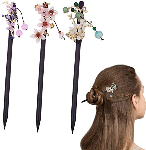 Confezione da 3 bastoncini per capelli tradizionali cinesi a forma di fiore vintage in legno stile giapponese fatto a mano per donne e ragazze