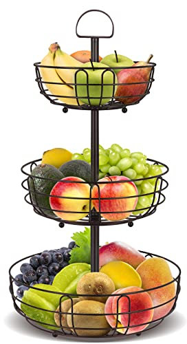 Mutool 3 Tier Fruit Bowl - Detachable Vegetable Basket - Kitchen Countertop Fruit Rack - Large Metal Tiered Storage Stand for Veg Snacks Breads - Bronze
