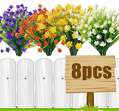 Leixi 8 Bundles Artificial Flowers Fake Outdoor Plants Faux UV Resistant Flower Plastic Shrubs Indoor Outside Hanging Decorations (Multi 4)