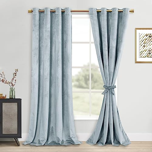 DWCN Stone Blue Velvet Curtains - 84 Inches Long Super Soft Luxury Tieable Window Treatments Room Darkening Privacy Protect Blackout Drapes for Bedroom Living Room Home Decor, W52 x L84, 2 Panels