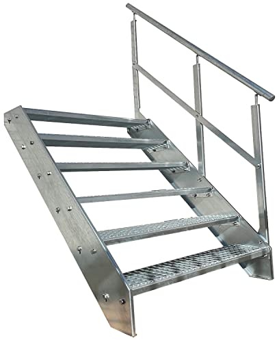 Kaminbau Mierzwa Premium Stahl Treppe Geländer Rechts Verzinkt 6 Stufen (Breite 1200 mm) (Höhe 114 cm) Wetterfest Gitterroststufe Gartentreppe