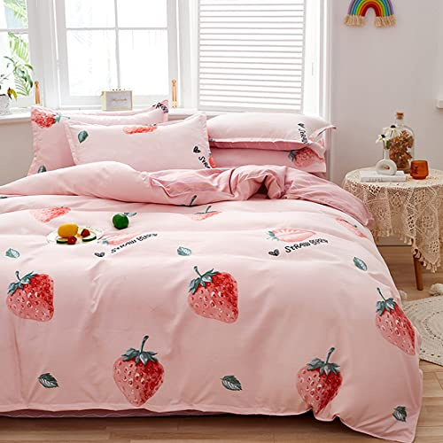 GETIYA Elegante Bettwäsche Rosa 135x200 für Damen Mädchen Erdbeere Muster Bettbezug Einzelbett Weiche Microfaser Bettbezug mit Kissenbezug 80 x 80 cm