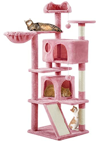 Yaheetech 144.5 cm Cat Tree for Indoor Cats, 2 Condos & Basket, Pink | Scratching Posts, Multi-level Cat Tower, Ladder with Sisal Pad, Twin Top Beds, Anti-Tip Kit, 2 Play Toys, FSC-Certified