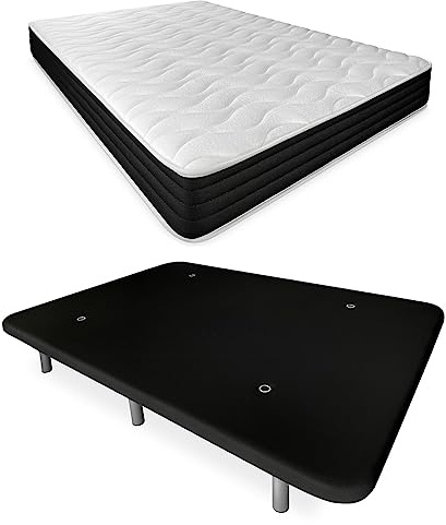 Duérmete Online - Cama Completa con Colchón Pocket Visco Reversible + Base Tapizada Reforzada Color Negro con 6 Patas Metálicas Roscadas, 90 x 190
