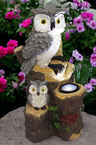 Arnusa Solar Gartenfigur Eule Solarleuchte Tierfigur Harz Gartendekoration 36 cm grau, braun Baumstamm Solarlampe Dekofigur beleuchtet für Außen