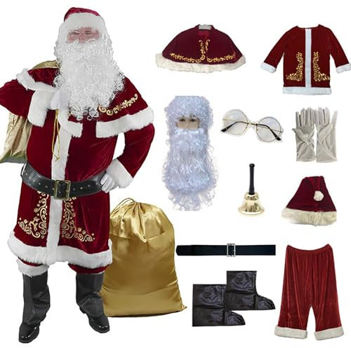 OmurgA Deluxe Weihnachtsmannkostüm 12 Stk Santa Costume Set Christmas Costume Für Erwachsene, Mit Gürtel Umhang Nikolausmütze-Schuhüberzüge-Bart-Handschuhe Und Mehr, Cosplay Weihnachten XL