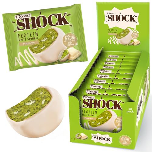 FitnesSHOCK Protein Brownie White Chocolate, No Added Sugar, 15%/7,5g Protein, 233kcal, Pre/Post Workout Snack - No Palm Oil, Filling dietary fibre, Soft Texture, 10x50g - Pistashio flavour