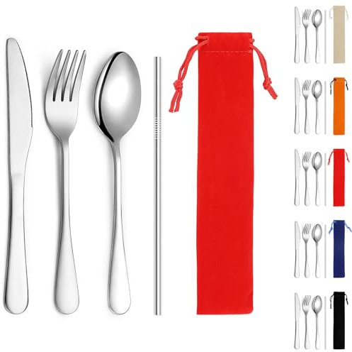 Kyraton Ensemble de couverts portables, Fourchette, Cuillère et Paille, Set de Couverts de Camping avec Pochette Noire pour Cuisine Maison Camping Voyage, Lave-Vaisselle, ensemble de 4 pièces