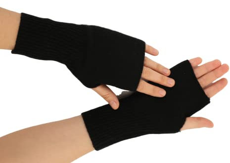 Prettystern Unisex 2-fädige dick gestrickte Kaschmir Fingerlose Handschuhe Pulswärmer Damen Hand-Stulpen Schwarz