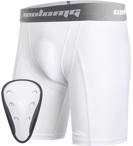 COOLOMG Men's Groin Guard Jockstrap Compression Pants Underwear with Cup for Martial Arts Handball Football Taekwondo White M