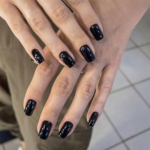 24Pcs French False Nails - Press on Nails Glossy Black Pure Color Full Cover - Stick on Nails Acrylic Glue on Nail Natural Fake Nail for Women and Girls (Pure Black)