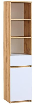 MINIO go for it - Bücherregal 45 cm Breit ARCCA Standregal für Wohnzimmer | Regal mit Tur, Schublade und 3 Fächern, Mehrzweckschrank für Büro, Bücherregal Weiß/Wotan Eiche - B:45cm x H:195cm x T:40cm