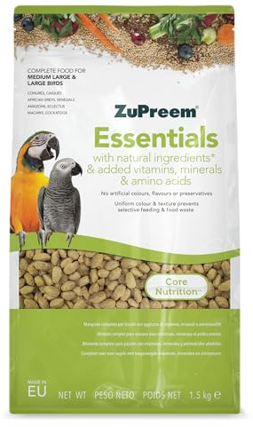 ZuPreem Essentials sällskapsfåglarmat - naturliga ingredienser - Fågelfoder, lämplig för grå papegojor, ara, kakadua, pipor och medelstora och stora och stora fåglar - 1,5 kg