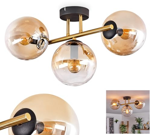 HOFSTEIN Deckenleuchte Gastor, 3-flammige Deckenlampe aus Metall/Glas in Schwarz/Gold/Bernstein/Klar, moderne Leuchte im Retro/Vintage-Design (Schirme Ø 15 cm), E14, Esszimmer, Wohnzimmer, Küche, Flur