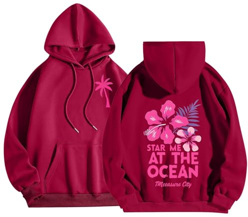 Pink Palm Puff Women's Hoodies Oversized Sweatshirt Women Graphic Hoodie Meet Me at The Ocean Letter Print with Pocket Pullover Preppy Clothes Pink Palm Puff Hoodie Teen Girl Clothes