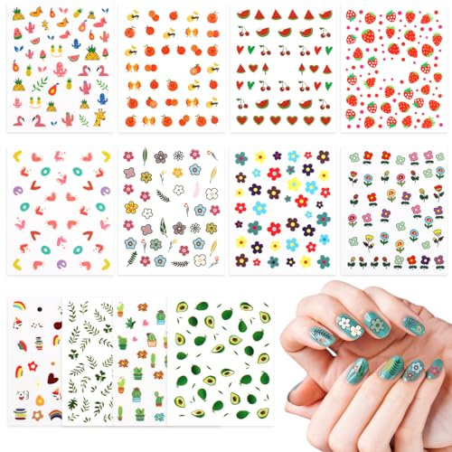 MXTIMWAN 12 Blätter Nagelsticker, Nagel Aufkleber Sticker, Kinder Nail Art Sticker, Tiere Pflanzen Früchte Herz Heart Nagelaufkleber für Frauen, Mädchen, Nagelzubehör, Festival Geschenk