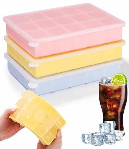 Cexovo Eiswürfelform 3 Stück Silikon Eiswürfelform für Eiswürfel Eiswürfelbehälter mit Deckel Eiswürfelform mit 15 Fächern Geeignet für Cocktails Whiskey Wein Pürees Eis Eistee